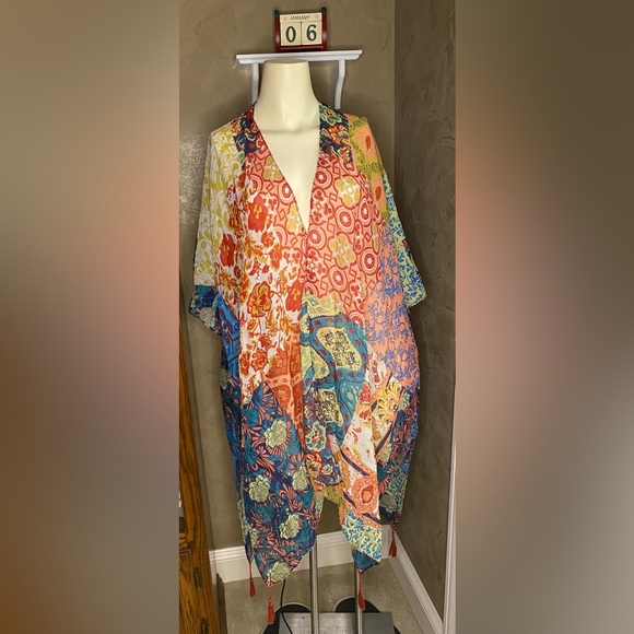 Paparazzi by Biz colorful semi- sheer Oversized poncho Swimsuit cover up tassels - Picture 4 of 7